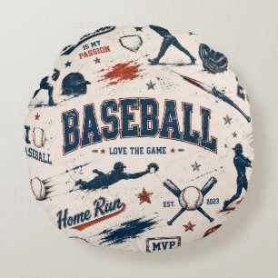Vintage Baseball Home Run Sports Pattern Round Pillow