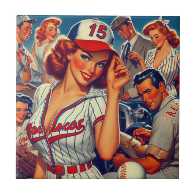 Vintage Baseball Illustration Ceramic Tile (Front)