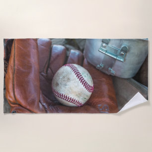 Vintage Baseball Mit and Ball Baseball Glove Amer Beach Towel