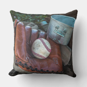 Vintage Baseball Mit and Ball Baseball  Glove Amer Throw Pillow