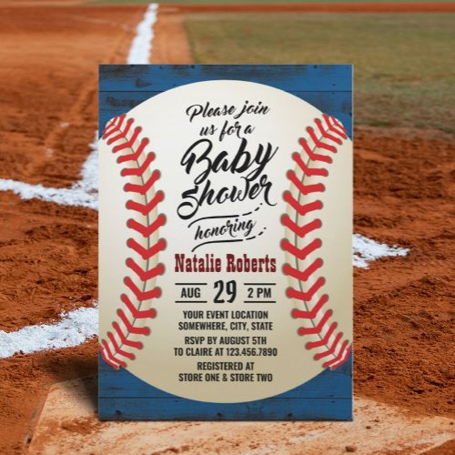 Vintage Baseball Navy Barn Wood Baby Shower Invitation