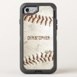 Vintage Baseball Personalized OtterBox Defender iPhone SE/8/7 Case<br><div class="desc">A photo of a worn vintage baseball provides the background for this personalized iPhone case. Add your name in distressed grunge sans serif font in a shade of reddish brown that matches the stitching. Ideal for the baseball or sports fan on your gift list.</div>