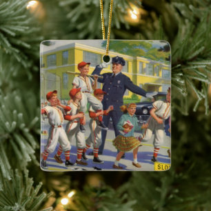 Vintage Baseball Players and Police Crossing Guard Ceramic Ornament