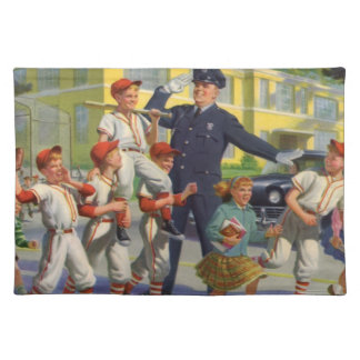 Vintage Baseball Players and Police Crossing Guard Cloth Placemat