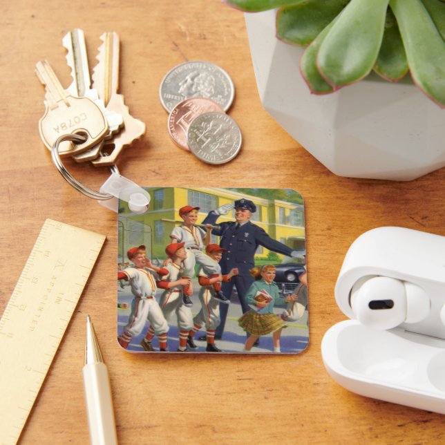 Vintage Baseball Players and Police Crossing Guard Keychain (Desk)