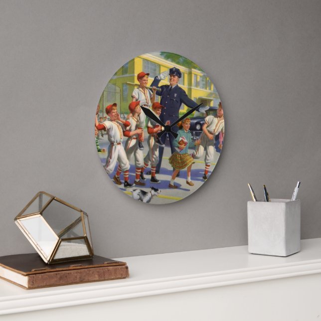 Vintage Baseball Players and Police Crossing Guard Large Clock (Office)