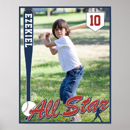 Vintage Baseball Red and Navy Blue Birthday Photo Poster