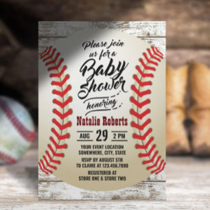 Vintage Baseball Rustic Barn Wood Baby Shower Invitation