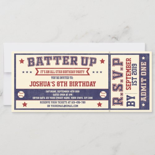 Vintage Baseball Ticket Birthday Invitation