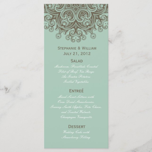 Vintage Basil Blue Wedding Menu Rack Card (Front)