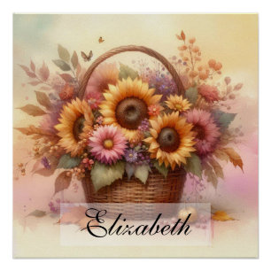 Vintage basket of fall flowers pastels watercolor poster