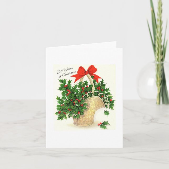 Vintage Basket of Holly Christmas Card (Front)