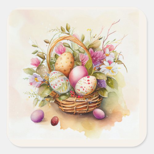 Vintage Basket Pastel Easter Eggs Square Sticker