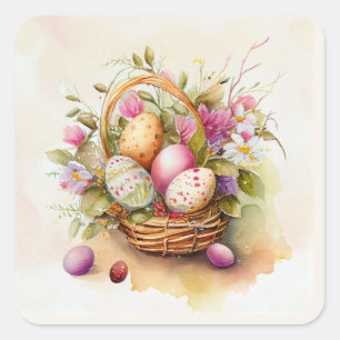 Vintage Basket Pastel Easter Eggs Square Sticker
