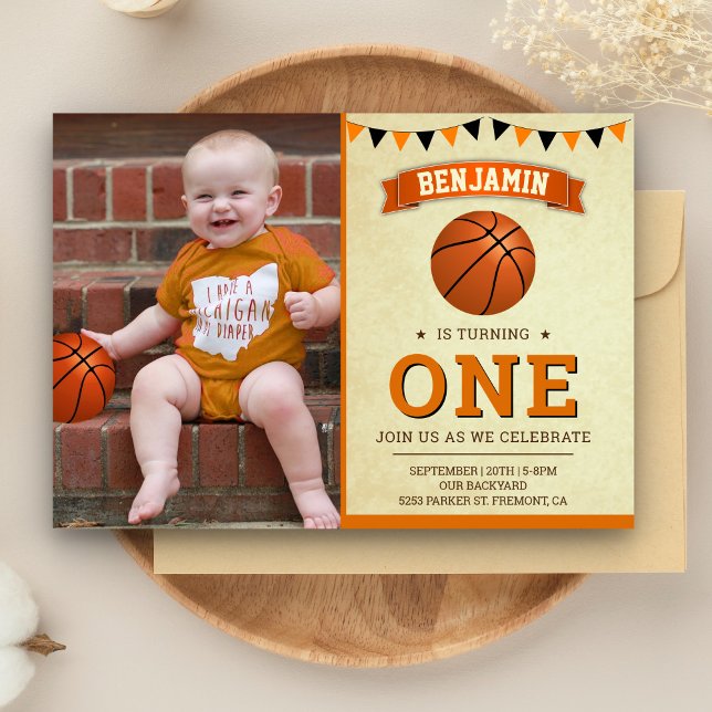 Vintage Basketball 1st First Birthday Party Photo Invitation (Creator Uploaded)