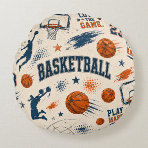 Vintage Basketball Game Sports Pattern Round Pillow