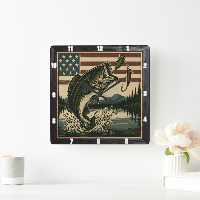 Vintage Bass American Flag  Square Wall Clock (Home)