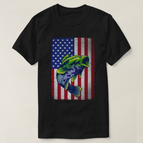Vintage Bass Fishing 4th Of July American Flag  T_Shirt
