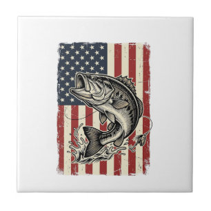 Vintage Bass Fishing American Flag Shirt Design_1 Ceramic Tile