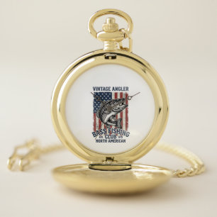 Vintage Bass Fishing American Flag Shirt Design (2 Pocket Watch