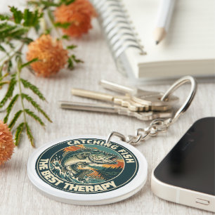 Vintage Bass Fishing Therapy Retro Badge Keychain
