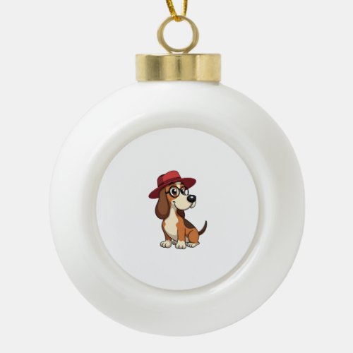 Vintage Basset Hound Cartoon in Red Hat Cute Dog I Ceramic Ball Christmas Ornament