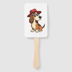 Vintage Basset Hound Cartoon in Red Hat Cute Dog I Hand Fan