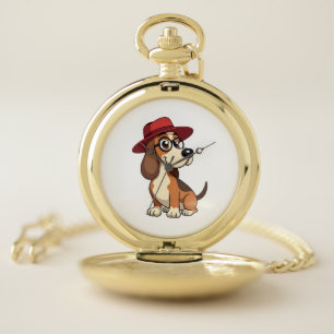 Vintage Basset Hound Cartoon in Red Hat Cute Dog I Pocket Watch