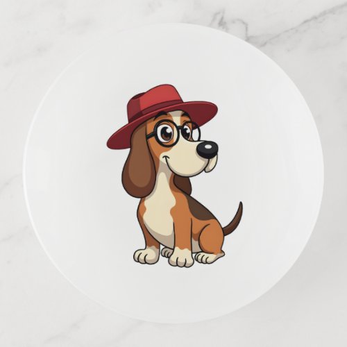 Vintage Basset Hound Cartoon in Red Hat Cute Dog I Trinket Tray