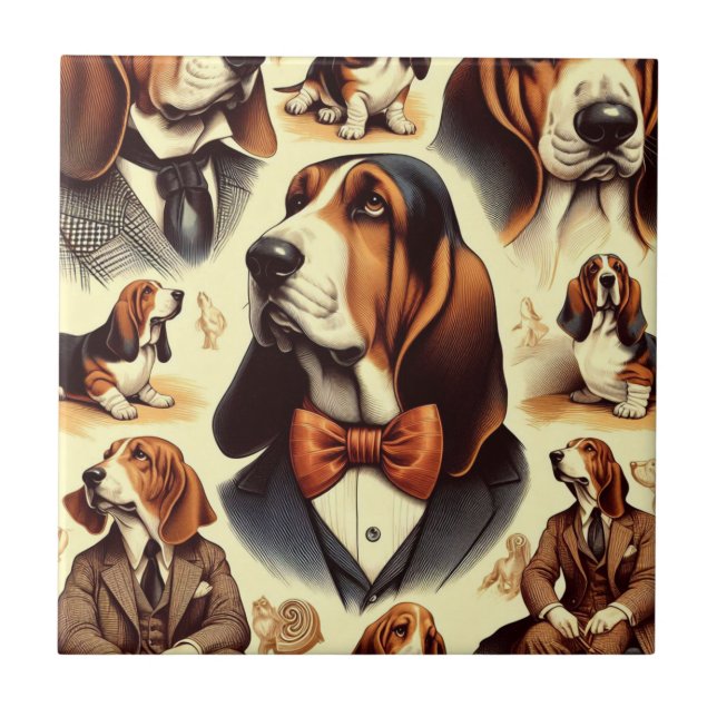 Vintage Basset Hound  Illustration Ceramic Tile (Front)