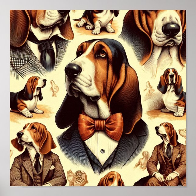 Vintage Basset Hound  Illustration Poster (Front)