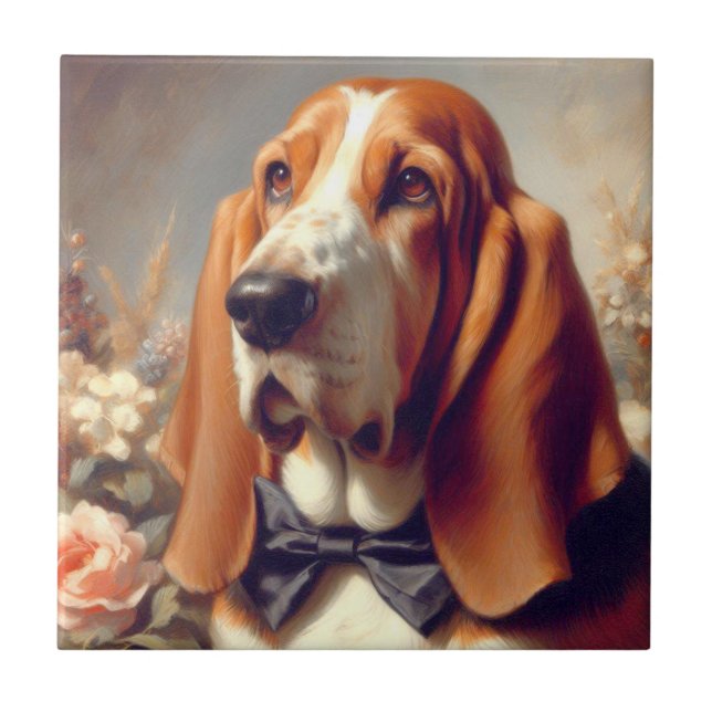 Vintage Basset Hound Painting Ceramic Tile (Front)