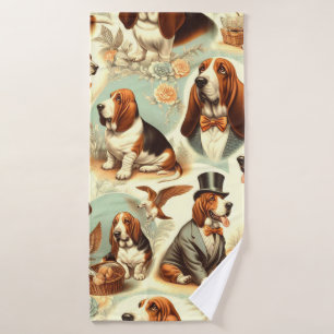 Vintage Basset Hound Seamless Illustration Bath Towel