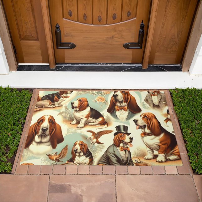 Vintage Basset Hound  Seamless Illustration Doormat (Outdoor)