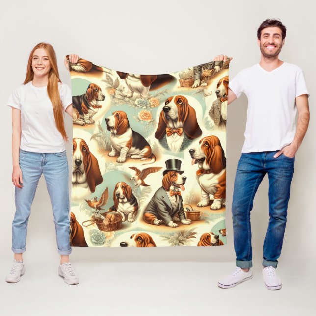 Vintage Basset Hound  Seamless Illustration Fleece Blanket (In Situ)