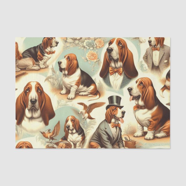 Vintage Basset Hound  Seamless Illustration Tissue Paper (Front)