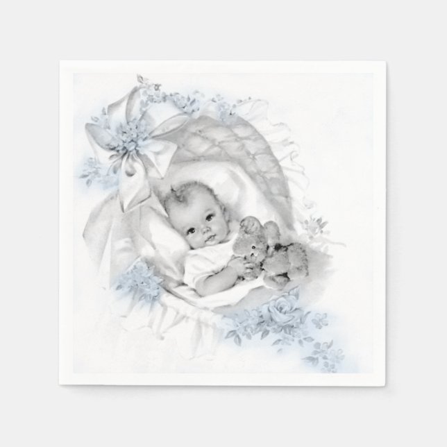 Vintage Bassinet Baby Boy Shower Paper Napkins (Front)
