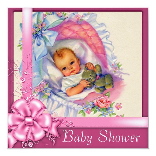 Vintage Bassinet Pink Roses Baby Girl Shower Card | Zazzle