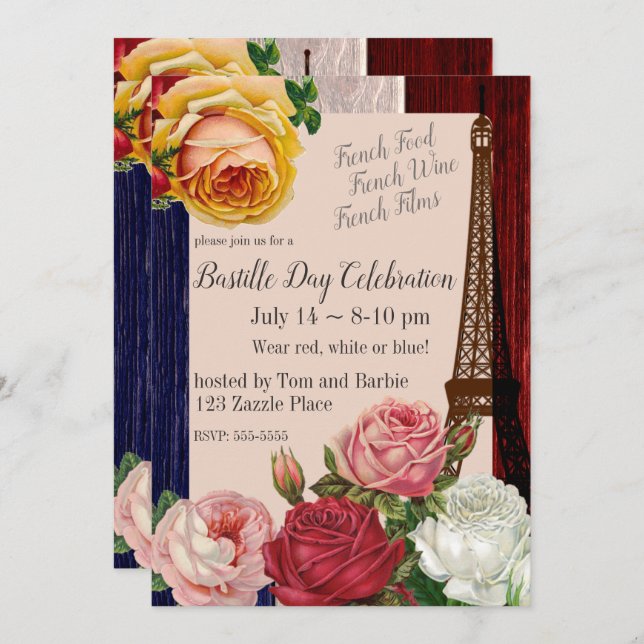Vintage Bastille Day Roses Invitation (Front/Back)
