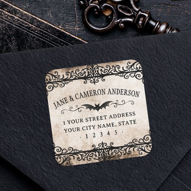Vintage Bat Antique Parchment return address Square Sticker (Vintage Bat Antique Parchment return address Square Sticker)