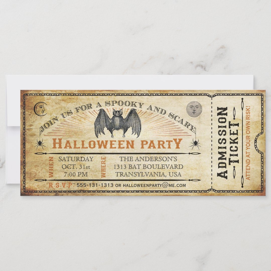 Vintage Bat Halloween Ticket Invitation 