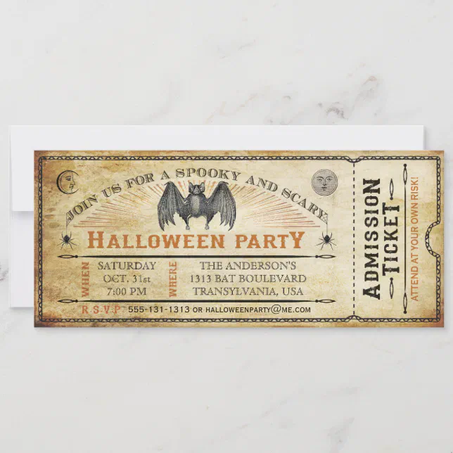 Vintage Bat Halloween Ticket Invitation | Zazzle