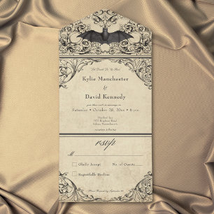 Vintage Bat Until Death Black Parchment Wedding All In One Invitation