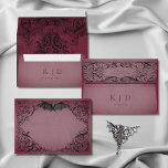 Vintage Bat Until Death Burgundy Wedding Envelope<br><div class="desc">Elevate your gothic wedding with a Victorian-inspired wedding invitation envelope that exudes timeless elegance and mystery. Designed to resemble an antique book binding, this stunning design features intricate a black lacey filigree on a vintage, distressed burgundy background, evoking the charm of a bygone era and adding a touch of dark...</div>