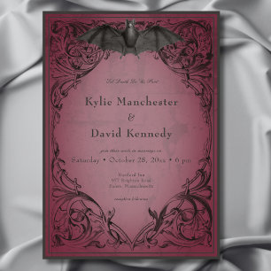 Vintage Bat Until Death Burgundy Wedding Invitation
