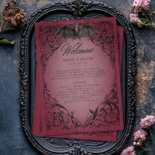 Vintage Bat Until Death Burgundy Wedding Program