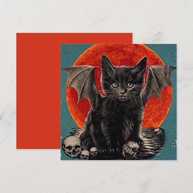 Vintage Batcat Spooky Happy Halloween Holiday Card (Front/Back)