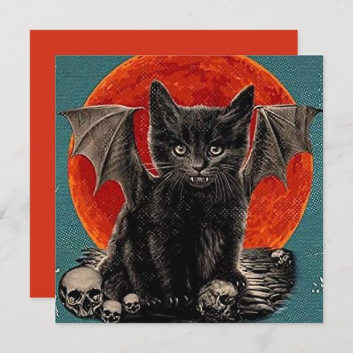 Vintage Batcat Spooky Happy Halloween Holiday Card