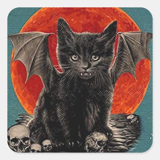 Vintage Batcat Spooky Happy Halloween Square Sticker (Front)