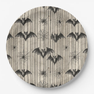 Vintage Bats and Spiderwebs on Distressed Striped Paper Plates